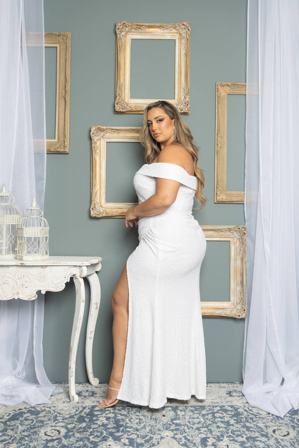 PLUS WHITE BRIDAL OFF SHOULDER SEQUIN MAXI DRESS
