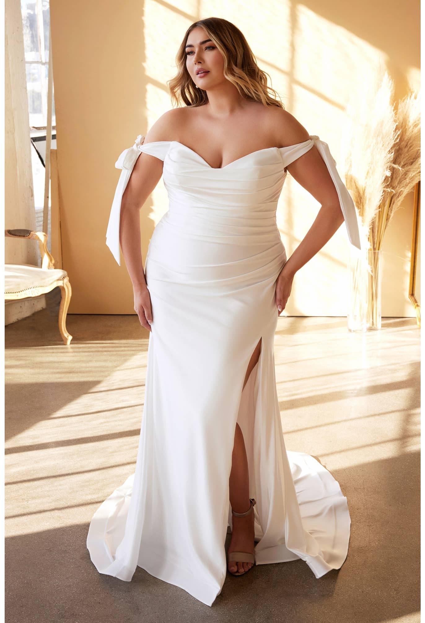 Plus Size Tie Sleeve Pleated Mermaid Luxe Jersey Gown