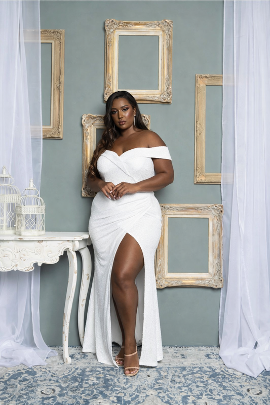 PLUS WHITE BRIDAL OFF SHOULDER SEQUIN MAXI DRESS