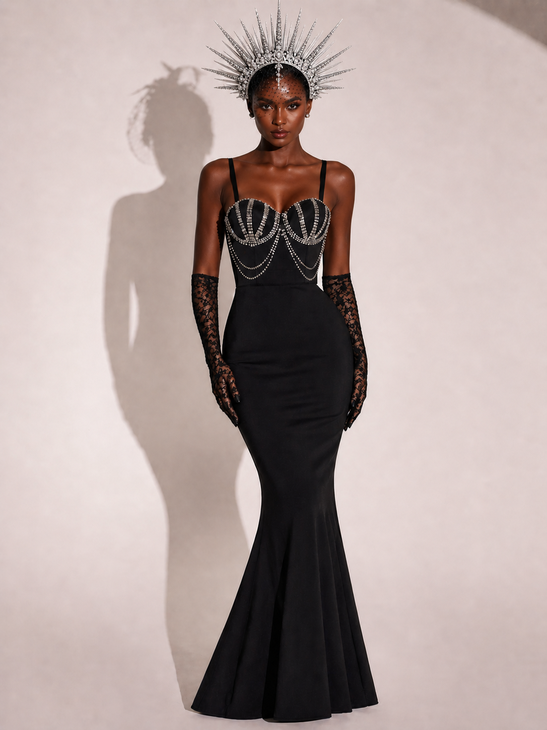 FITTED BUSTIER DRESS WITH BEADED BODICE & BACK CUT OUT