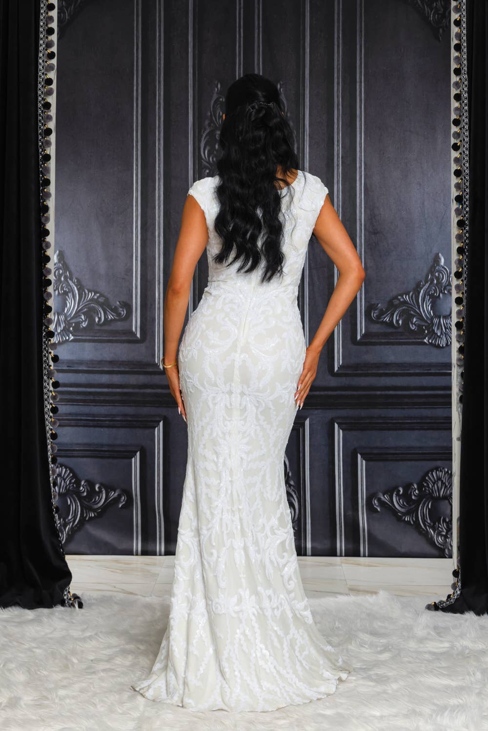 CAP SLEEVE WHITE SEQUIN MAXI DRESS