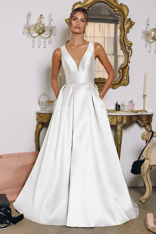 DEEP V-NECKLINE MIKADO BRIDAL GOWN