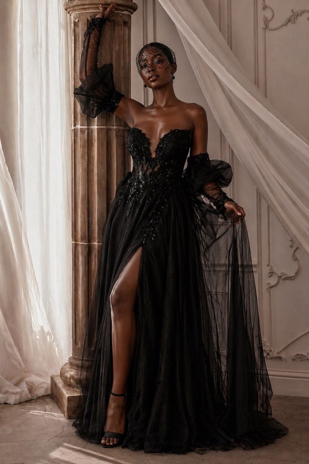 STRAPLESS A-LINE LAYERED TULLE GOWN