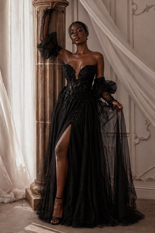 STRAPLESS A-LINE LAYERED TULLE GOWN